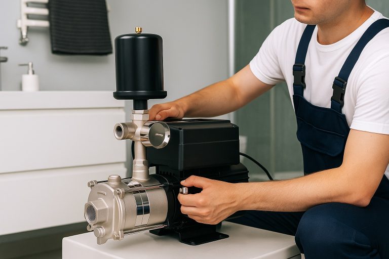 A professional technician wearing safety work overalls adjusts a RAFSUN stainless-steel booster pump inside a modern home bathroom setting. The pump features a precision-engineered multistage housing, pressure tank, and electronic control module. The scene highlights practical installation and calibration steps relevant to determining pump flow rate, head pressure, and overall system performance, providing a clear example for anyone learning how to calculate pump capacity for residential water supply applications using a RAFSUN pump.