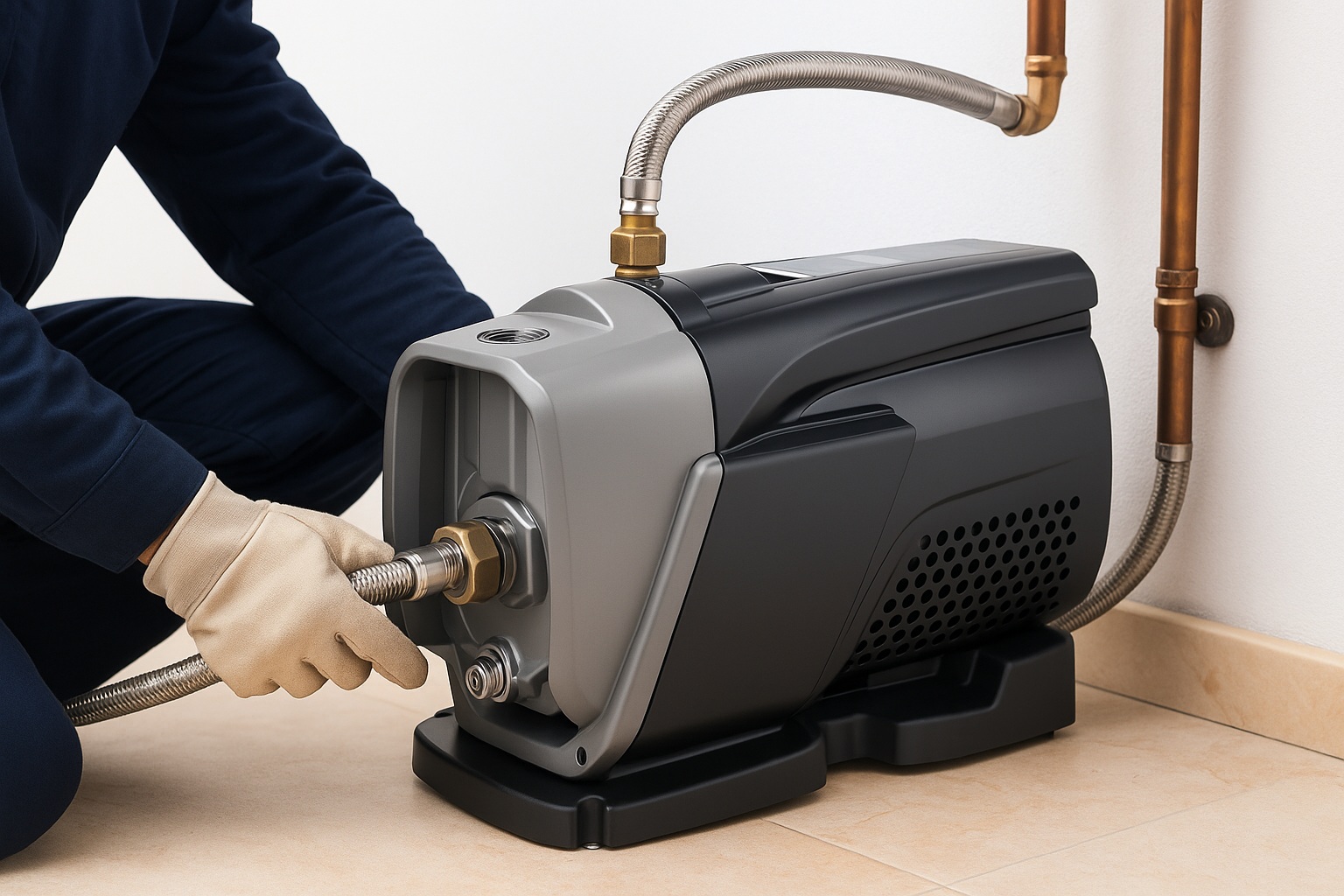 Selecting the Right Water Booster Pump A modern water booster pump installed in a clean utility room