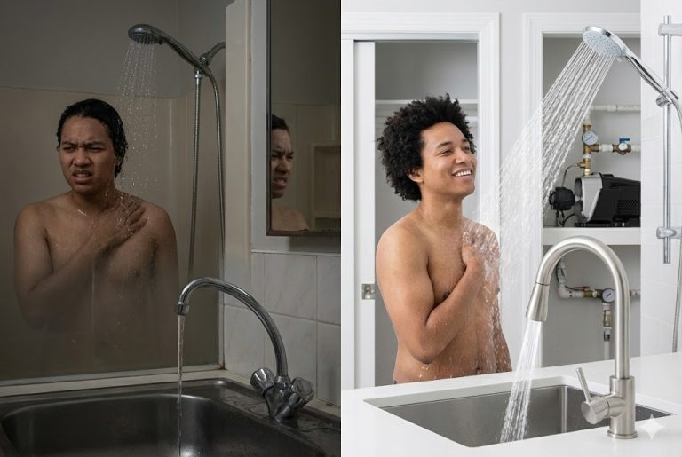 This split-image shows a before-and-after comparison of water pressure improvement in a home using a RAFSUN booster pump. On the left side, a person struggles with weak shower water flow and a thin stream from the sink faucet, indicating low household water pressure. On the right side, the same person enjoys a strong, steady shower stream while the sink faucet also delivers high flow, thanks to a high-performance RAFSUN water pressure booster system installed in the background. The scene illustrates how upgrading to a RAFSUN booster pump effectively increases water pressure throughout the entire house, improving comfort, shower quality, and overall plumbing performance. The image clearly answers the question: “Is there a way to boost water pressure in a house?” by showing the dramatic improvement achieved with RAFSUN technology.