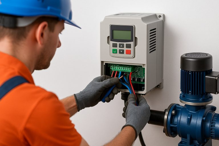 A professional technician, face not visible, installing a modern RAFSUN pump system with advanced control electronics, showing the difference between a standard inverter and a Variable Frequency Drive (VFD). The scene captures clean, realistic installation equipment and wiring, illustrating how a VFD precisely adjusts motor speed and voltage for efficient pump performance. Ideal for explaining the question: “Is an inverter the same as a VFD?”
