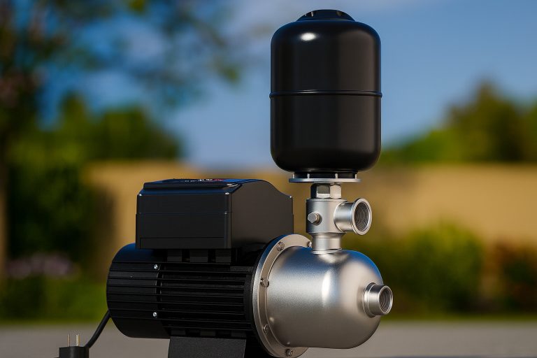 A high-end RAFSUN irrigation booster pump installed in a modern garden water supply system, showing a professional pressure-boosting design that increases existing water pressure for sprinklers and drip irrigation. The image highlights the pump’s stainless-steel housing, integrated controller, and pressure tank, demonstrating how an irrigation booster pump ensures stronger, more consistent spray coverage and eliminates dry spots in lawn and agricultural irrigation. Perfect visual representation for explaining What is an irrigation booster pump?