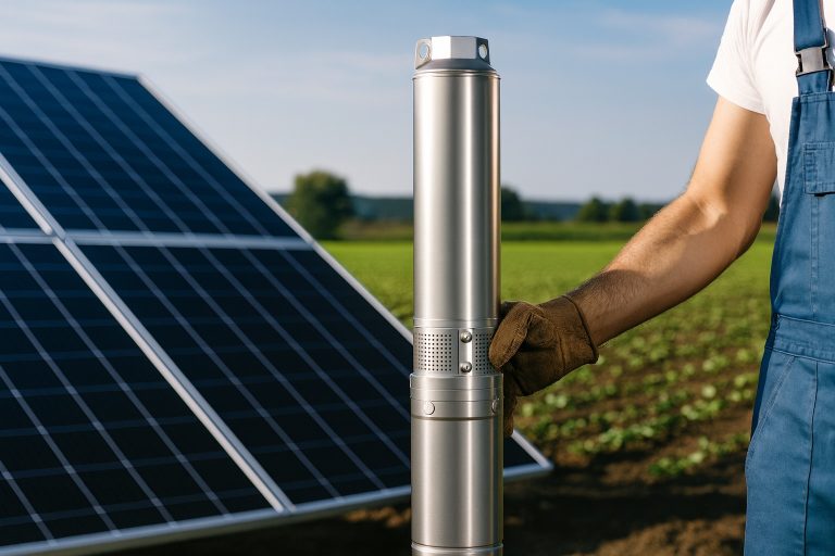 A high-efficiency RAFSUN solar water pump being held by a technician wearing protective gloves in front of a large solar panel array on a farmland. The stainless-steel submersible pump is shown during installation, illustrating real-world agricultural water supply applications for comparing which solar pump is better, AC or DC. The scene highlights clean energy usage, durable pump construction, and reliable performance of RAFSUN solar pumping systems.