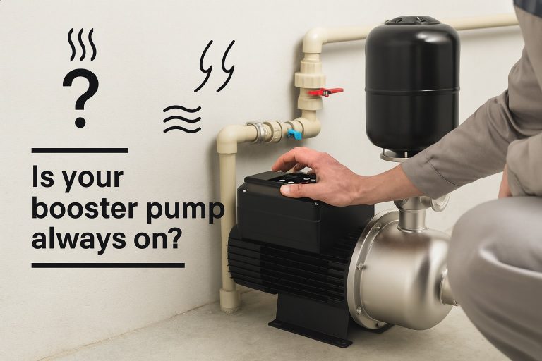 A professional technician, with face intentionally not shown, inspecting a RAFSUN booster pump system installed on a household water line. The image shows the technician adjusting the control panel while the stainless-steel pump and pressure tank are connected to PVC plumbing. This scene visually illustrates the question Should a booster pump run all the time? by showing a real maintenance scenario related to continuous pump operation, water pressure issues, and system troubleshooting.