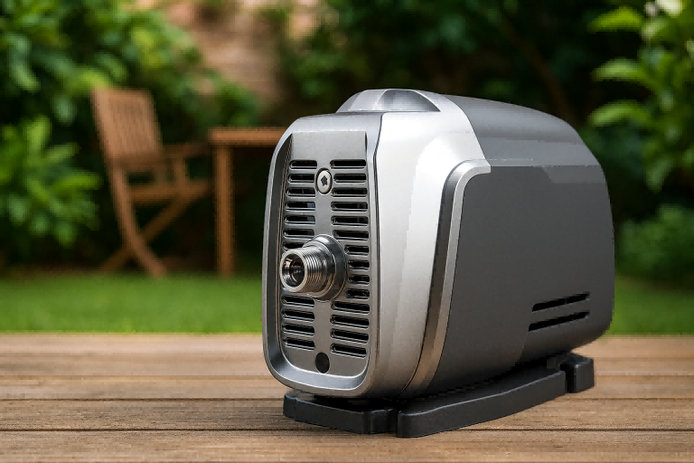 A RAFSUN high-efficiency variable speed drive (VSD) household booster pump placed on a wooden deck in a modern garden setting. The pump features an IE5 permanent-magnet motor and compact design, illustrating the benefits of VSD technology such as stable water pressure, reduced energy consumption, quieter operation, and longer system lifespan. The natural outdoor environment highlights the pump’s suitability for home irrigation and residential water-boosting applications.