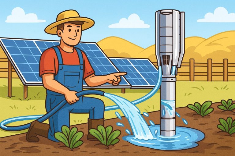 Illustration of a RAFSUN solar water pump used for agricultural irrigation, showing a farmer kneeling beside a flowing water hose connected to a stainless steel solar-powered pump system. Behind him, large photovoltaic solar panels provide the energy required for pumping water from the ground to the crops. The scene demonstrates how RAFSUN solar pumps operate in off-grid rural environments while visually supporting the topic “What are the disadvantages of a solar water pump?” such as dependence on sunlight, reduced output in cloudy weather, and the need for proper system sizing.