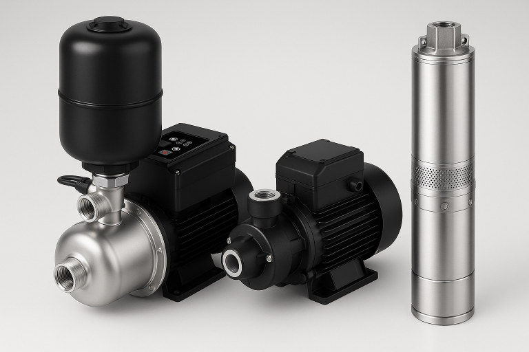 A high-definition image displaying three advanced RAFSUN water pump models side by side on a clean, bright background. From left to right: a RAFSUN intelligent VFD booster pump equipped with a pressure tank and digital controller for household water pressure stabilization; a compact RAFSUN centrifugal pump with a high-efficiency motor designed for residential and commercial water transfer; and a stainless steel RAFSUN submersible pump ideal for deep-well and irrigation applications. The photo highlights the elegant, industrial design, precise metal finishes, and modern engineering aesthetics of each pump. The composition captures RAFSUN’s commitment to innovation, quality manufacturing, and reliable water supply technology. Perfect for illustrating product comparisons, technical blogs, or marketing materials explaining what the three types of water pumps are — booster, centrifugal, and submersible. The lighting enhances their premium metallic texture while maintaining a professional, technology-driven look suitable for B2B promotion.