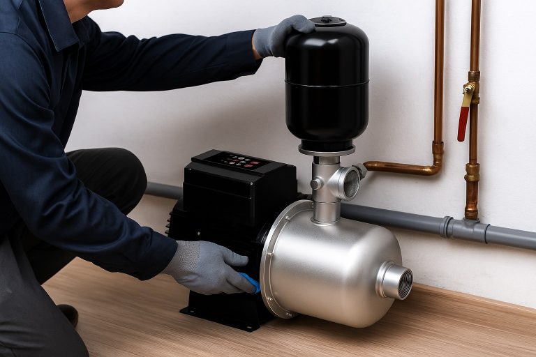 A professional technician wearing safety gloves adjusts a high-efficiency RAFSUN water booster pump system installed in a modern residential utility room, featuring a pressurized expansion tank, stainless steel pump housing, integrated VFD control panel, and copper piping connections. The image illustrates how a RAFSUN pump supports reliable household water pressure across three main types of water supply systems—direct pumping, gravity-fed systems, and combination systems—ensuring stable flow for showers, kitchens, and home water distribution.
