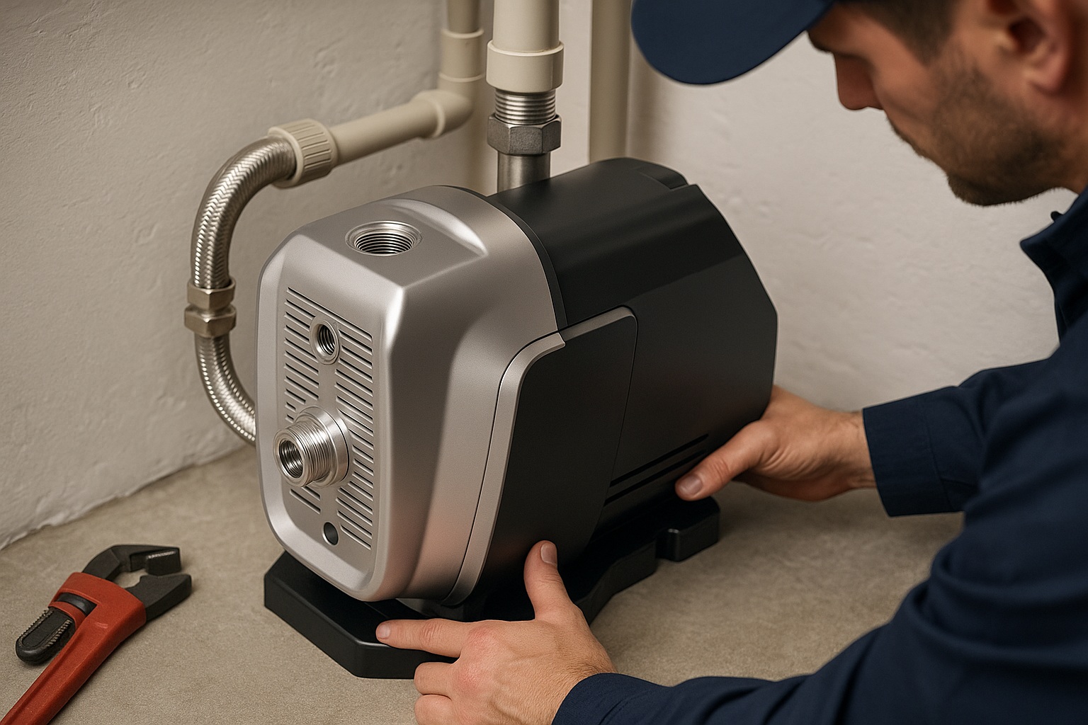 A professional technician installs a RAFSUN VFD booster pump inside a modern home utility room, demonstrating the brand’s advanced engineering, durable construction, and stable domestic water pressure performance. The high-efficiency brushed-steel housing, precision-machined inlet and outlet ports, and compact design reflect the qualities that define the best water pump manufacturers in today’s market, including innovation, reliability, quality control, and user-focused performance. The scene captures real-world installation without showing the technician’s face, emphasizing practical usage, B2B professionalism, and the trusted performance of RAFSUN products.