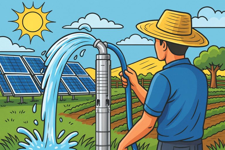 Illustration of a RAFSUN solar-powered water pump system operating in a sunny agricultural field, showing a farmer holding a hose connected to a stainless steel deep-well pump with solar panels generating renewable energy in the background. Water flows strongly from the pump, demonstrating how solar PV power supports irrigation in rural areas. The scene visually complements the topic “What does Martin Lewis say about solar panels” by highlighting real-world solar applications, energy efficiency, and potential savings associated with solar technology, while showcasing the performance and reliability of RAFSUN solar water pumps.