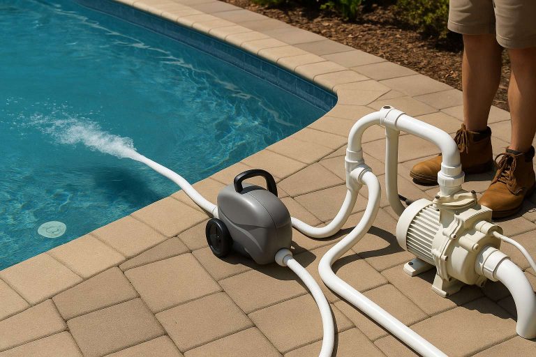 A technician with face not visible is installing a RAFSUN pool booster pump beside a residential swimming pool. The secondary pump is connected to the pressure-side pool cleaner hose, increasing water pressure to power cleaning equipment and pool features. Clear blue water reflects sunlight as the boosted jet stream enters the pool, demonstrating how a booster pump adds extra pressure without overloading the main filtration system. This scene illustrates what a booster pump does for a pool by enhancing cleaners, water jets, and other high-demand features.
