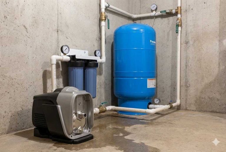 A high-efficiency RAFSUN booster pump installed in a well-water system, shown next to a large blue pressure tank, dual water filters, and PVC plumbing lines inside a clean basement utility room. The image illustrates how a booster pump increases water pressure coming from a well, ensuring strong, consistent flow throughout the home. Multiple pressure gauges, shut-off valves, and filtration stages demonstrate a complete well-water setup where the RAFSUN booster pump enhances pressure stability, improves household water performance, and supports reliable delivery from low-pressure well sources. This scene visually answers the question: “What does a booster pump do for a well?”