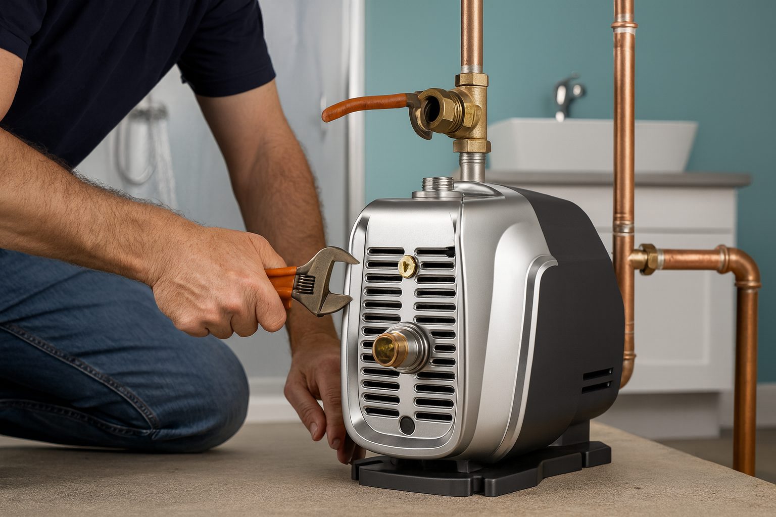 A plumber installs a modern RAFSUN booster pump onto a home’s copper plumbing system, ensuring stable household water pressure. The stainless-steel pump sits on a concrete floor while the technician—shown without a visible face—tightens the fittings. This scene illustrates what is considered a good flow rate for residential use, typically 6–12 GPM, ensuring reliable performance for showers, faucets, and daily water needs.