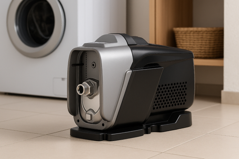 A RAFSUN variable speed drive (VSD) household booster pump placed on the floor of a modern laundry room beside a front-loading washing machine. The pump features a compact IE5 permanent-magnet motor and energy-efficient design, illustrating how a VSD in a pump automatically adjusts motor speed to maintain stable water pressure, reduce energy consumption, and improve performance in home water systems.