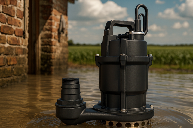 A detailed comparison image featuring a RAFSUN submersible pump operating underwater alongside a RAFSUN regular surface water pump positioned on dry ground. The visual highlights the core difference between a submersible pump that pushes water while fully submerged and a regular water pump that uses suction from above the water source. The contrast in installation environments, materials, and working mechanisms clearly illustrates the key distinctions in efficiency, application, and maintenance between the two pump types.