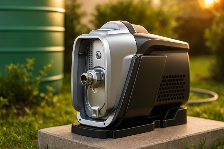 A RAFSUN water tank pump placed outdoors beside a large green storage tank, shown in a clean garden setting during warm sunset light. The pump features a modern silver-and-black housing with a stainless-steel inlet port and compact pressure-boosting design. This image demonstrates how a RAFSUN water tank pump delivers strong, consistent water pressure from a rainwater tank or storage tank for household taps, showers, and appliances—ideal for homeowners wanting to understand what a water tank pump is and how it works.