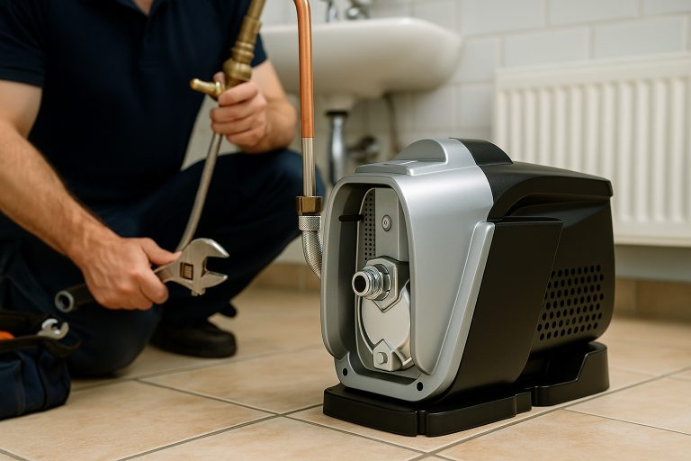 A professional technician installs a RAFSUN booster pump on a tiled indoor floor, connecting copper and flexible stainless-steel plumbing lines with a wrench. The image shows the compact, modern RAFSUN pump housing, illustrating the practical difference between a booster pump—designed to increase household water pressure—and a centrifugal pump, which moves water through a rotating impeller for general water transfer. The scene highlights real-world installation, durable construction, and RAFSUN’s advanced pressure-boosting technology.