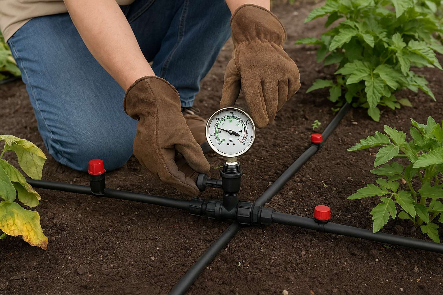 An installer wearing protective gloves adjusts a pressure gauge on a drip irrigation manifold in a vegetable garden, ensuring the system operates within the ideal 20–30 PSI range. Black irrigation tubing and red emitters run across the soil while young plants grow around the setup. This scene visually demonstrates the correct pressure and flow requirements for drip irrigation and highlights how RAFSUN pumping solutions help maintain stable water delivery across all emitters. What is the flow and pressure for drip irrigation?