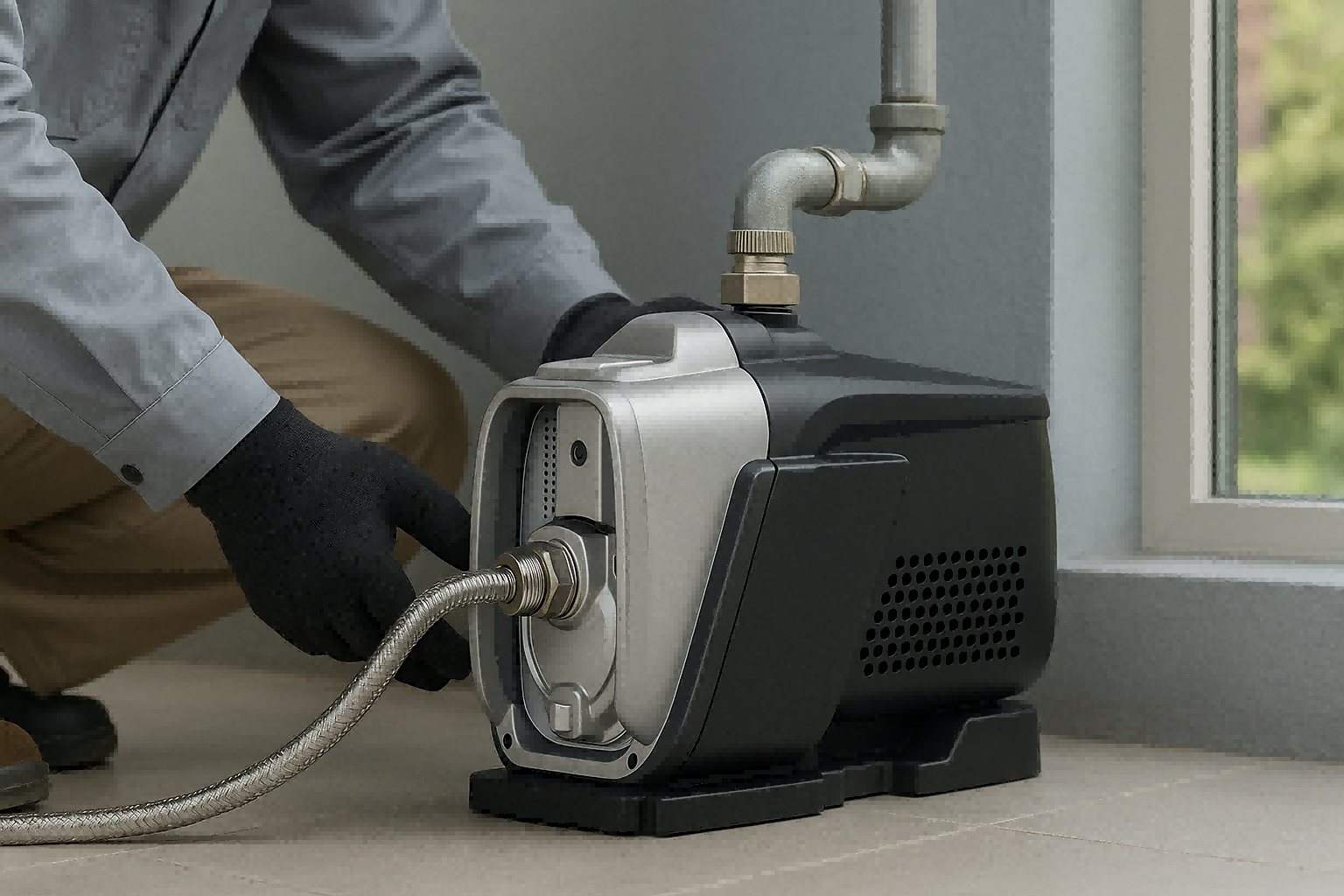 alt with keywords: a modern water booster pump installed in a clean utility room