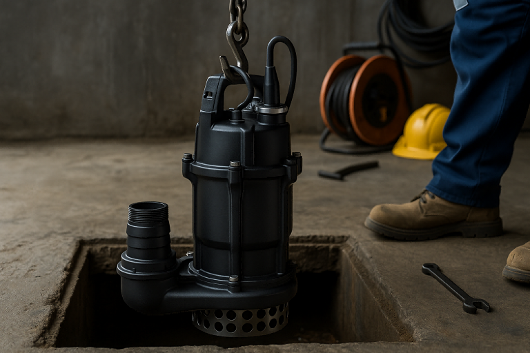 A RAFSUN submersible pump being lifted out of a concrete maintenance pit using a heavy-duty hook and chain, illustrating the major disadvantage of a submersible pump—its difficult and costly maintenance due to the need for full removal from the water for inspection or repairs. The scene includes a technician standing beside tools, highlighting the labor-intensive process. This image visually supports the topic: “What is the major disadvantage of a submersible pump?”