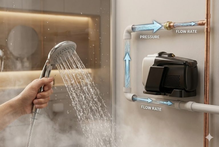 A detailed bathroom scene showing a handheld shower producing strong, steady water while a RAFSUN booster pump increases both water pressure and flow rate through the plumbing system. The image illustrates the relationship between water pressure and flow rate, with arrows indicating how the RAFSUN pump boosts pressure to deliver a more powerful and consistent shower experience.