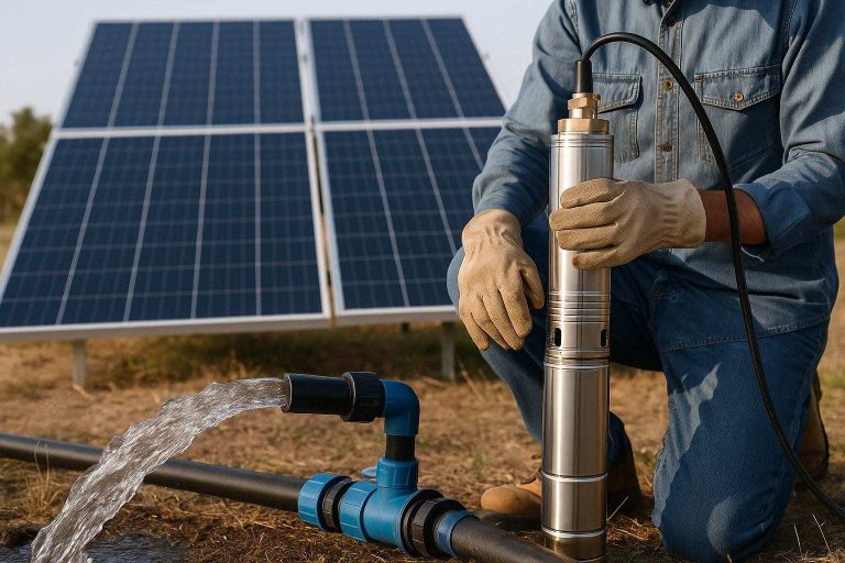 A technician performing routine upkeep on a RAFSUN solar water pump system at an off-grid site, kneeling beside a stainless steel submersible pump while clean solar panels operate in the background. The worker, with face not visible, inspects connections and checks water output flowing through the pipe, illustrating the minimal maintenance required for modern solar pumping systems. This image represents the core steps of solar pump care—cleaning solar panels, ensuring proper wiring, and visually checking the brushless DC motor and sealed pump components—supporting the topic: What maintenance is needed for solar water pumps?