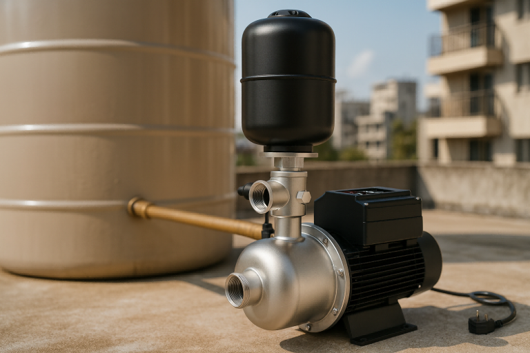 A RAFSUN water pressure booster pump installed beside a rooftop rainwater storage tank, showing the pump’s compact stainless-steel body, integrated pressure tank, and energy-efficient motor. The setup illustrates how a properly sized pump ensures strong and consistent water flow from a rainwater tank to household fixtures. The scene highlights real residential installation conditions, helping homeowners understand what size pump they need for a rainwater tank to maintain adequate flow rate and head pressure across multiple taps.