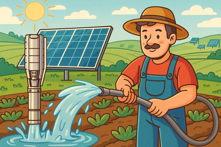 Illustration of a RAFSUN solar-powered borehole pump system delivering water for farm irrigation, showing a farmer holding a hose connected to a stainless steel deep-well pump that lifts water from the ground into a field. Large photovoltaic solar panels stand in the background, supplying renewable energy to the RAFSUN pump. The scene visually supports the topic “What type of pump is best for a borehole?” by highlighting the effectiveness of submersible deep-well pumps for borehole applications, emphasizing durability, efficiency, and consistent water output in rural and off-grid environments.