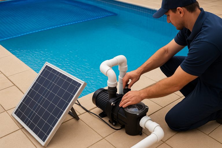 A high-end residential swimming pool scene featuring a professional installer, face hidden, setting up a RAFSUN solar-powered pool pump beside a clear blue pool. The system is connected to rooftop solar panels and a solar cover floating on the water, illustrating the cheapest way to heat a swimming pool by combining solar heating with an energy-free RAFSUN solar pump. The image highlights efficient water circulation, eco-friendly operation, and dramatically reduced running costs.