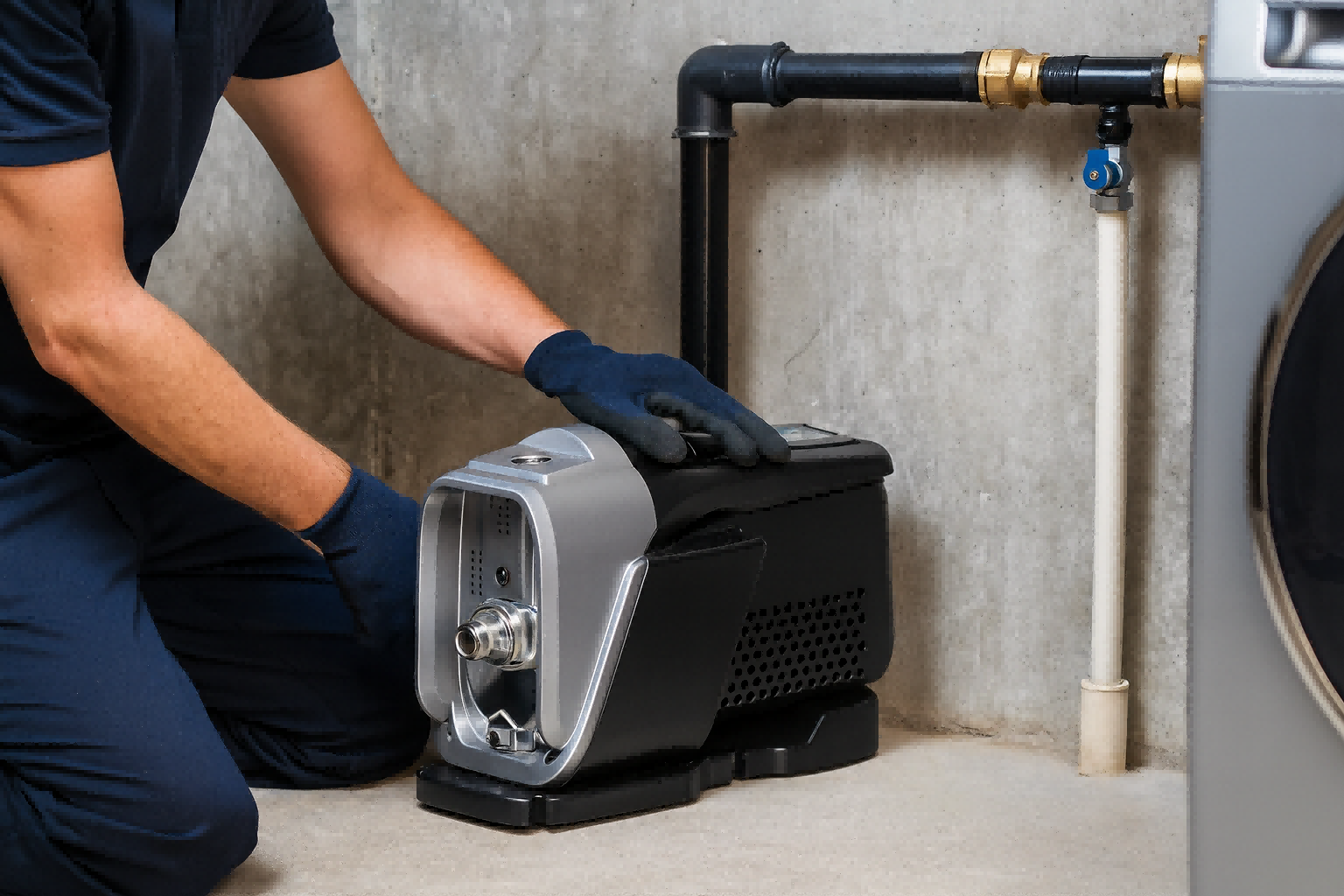 A booster pump installed in a clean utility room, showing gauges and pipes.