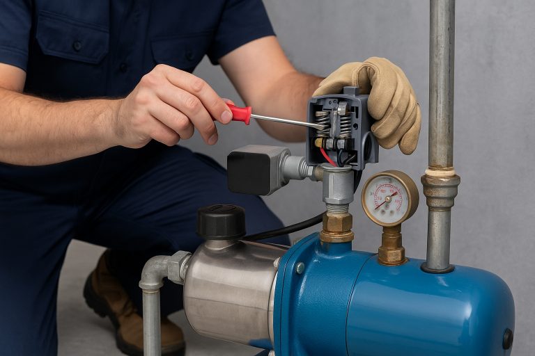 A professional installer adjusts a residential water pump system equipped with a pressure switch, demonstrating the difference between a 30/50 PSI and a 40-60 PSI setting. The scene shows high-quality plumbing components and a compact pressure tank connected to a RAFSUN water pump. The image highlights how correct pressure switch selection improves water flow and home water performance, helping homeowners understand which option—30/50 or 40-60 pressure switch—offers stronger, more consistent water pressure for their household.