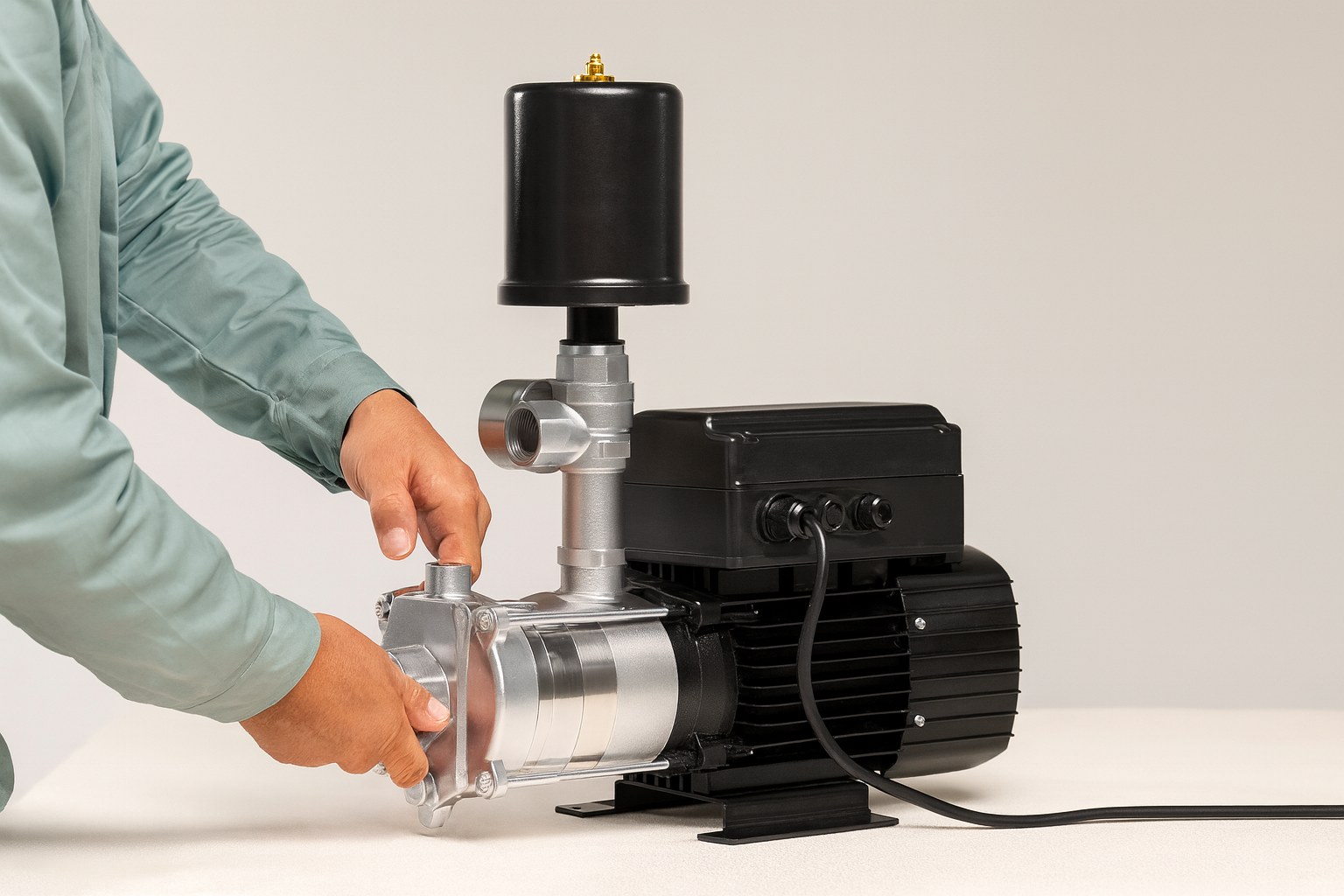 A technician, shown without revealing the face, installs a modern RAFSUN centrifugal water pump system in a clean mechanical room. The setup highlights high-quality stainless-steel pump components and an intelligent motor designed for stable performance. The scene emphasizes reliability and durability, illustrating why centrifugal pumps are often considered the most reliable choice for low-viscosity fluids such as water. This professional installation environment visually supports the topic: Which type of pump is most reliable?