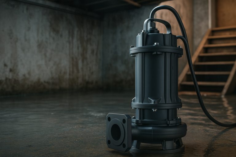 A high-quality RAFSUN submersible pump positioned on the wet floor of a residential basement, highlighting its durable construction and suitability for solving home flooding, low water pressure, and wastewater management issues. The scene illustrates how different submersible pump types—such as sump pumps, well pumps, and sewage pumps—serve unique household applications, supporting the question “Which type of submersible pump is best for home use?” by showing a practical real-world environment.