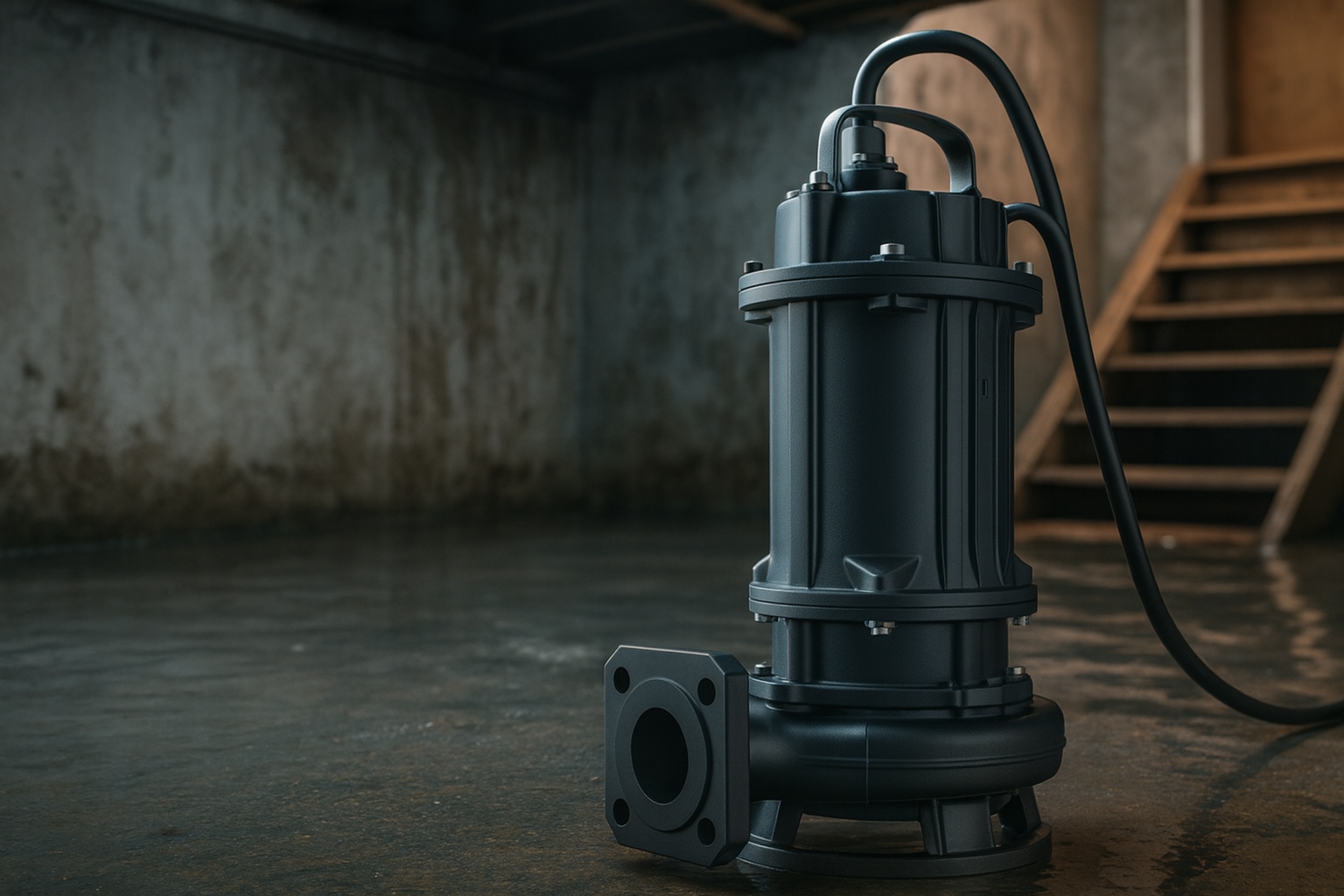 A high-quality RAFSUN submersible pump positioned on the wet floor of a residential basement, highlighting its durable construction and suitability for solving home flooding, low water pressure, and wastewater management issues. The scene illustrates how different submersible pump types—such as sump pumps, well pumps, and sewage pumps—serve unique household applications, supporting the question “Which type of submersible pump is best for home use?” by showing a practical real-world environment.