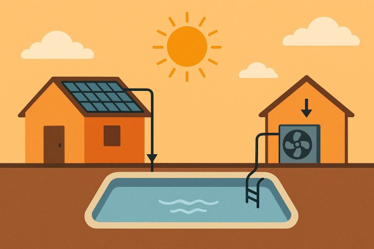 A comparison scene showing a residential swimming pool heated by two different technologies: a solar pool heating system with rooftop solar panels and a heat pump unit beside the pool. The image highlights how each system works in a sunny outdoor environment, helping homeowners evaluate which option delivers better long-term efficiency and cost savings. The visual supports the question “Which is better, a heat pump or a solar pool?” and features RAFSUN’s energy-efficient water pump technology in a clean, modern layout.