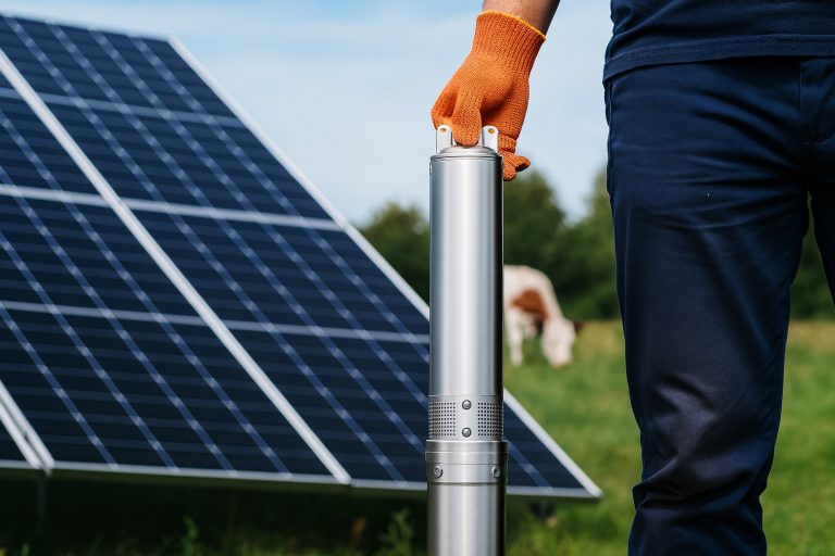 A close-up scene showing a technician wearing protective orange gloves holding a stainless-steel RAFSUN solar borehole pump beside a large array of solar panels installed in an open green field. The background includes livestock grazing, representing typical rural water supply applications. This image illustrates the reliability of RAFSUN solar pumping systems in contrast to the growing discussion around “Why are people getting rid of solar panels?”, highlighting how durable solar-powered water solutions remain valuable for agriculture and off-grid communities.