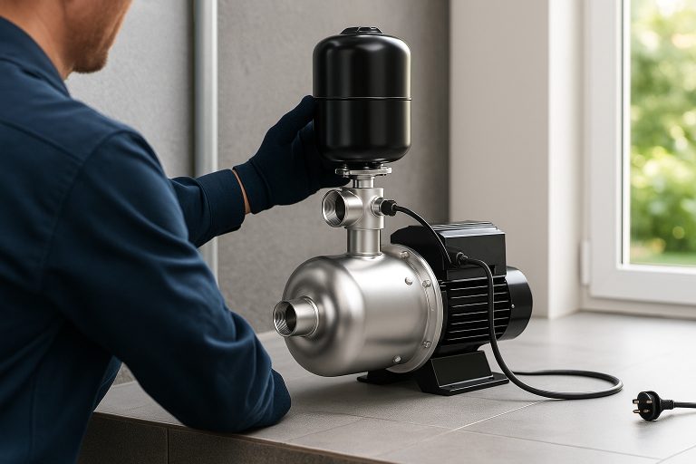 A professional technician wearing protective gloves is installing a RAFSUN domestic water booster pump system inside a modern building, adjusting the stainless-steel pump housing and pressure tank. The image shows a high-efficiency RAFSUN booster pump designed to increase water pressure for multi-story buildings, large residential homes, and commercial facilities where municipal water pressure is insufficient. The setup highlights the pump’s robust construction, reliable performance, and application in domestic water supply systems, demonstrating why some buildings require a booster pump to maintain consistent water pressure and stable flow.