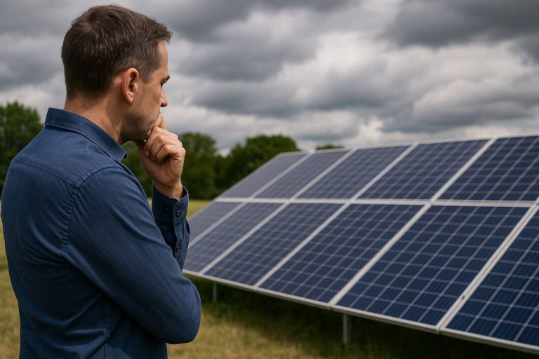A man standing beside a large array of modern solar panels outdoors, thoughtfully examining the system under a cloudy sky, representing the common concerns about why solar power is not popular. The scene illustrates public hesitation related to perceived high upfront costs, fears about unreliable performance on cloudy days, and outdated misconceptions about solar technology. The image supports RAFSUN’s message that modern solar systems are durable, efficient, and far more cost-effective than many people realize.
