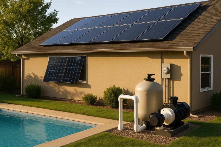A modern home with rooftop solar panels and a backyard pool system, featuring a high-efficiency RAFSUN solar pump installed beside the pool. The image highlights how traditional high-power pumps can still cause unexpectedly high electric bills even when solar panels are installed. The RAFSUN solar pump operates independently from the home’s main solar system, reducing grid dependency and helping homeowners solve the problem of high electricity costs despite having solar panels.