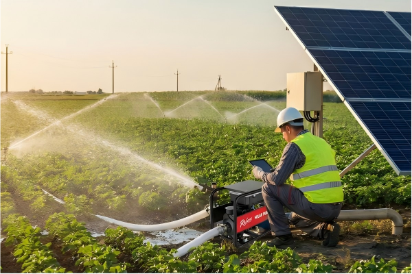 An engineer wearing a hard hat and high-visibility yellow vest kneels in a lush green agricultural field at sunset, holding a tablet to monitor a red and black RAFSUN portable solar water pump. The pump is connected via white hoses to the irrigation system, with multiple sprinklers actively spraying water over the crops, powered by a large solar panel array standing next to the engineer. This scene demonstrates a correctly sized solar solution in operation.