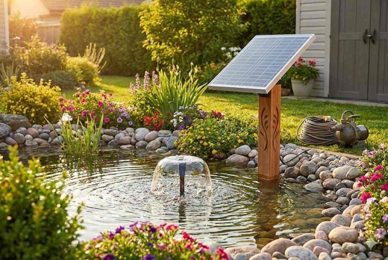 This image shows a beautifully landscaped backyard pond powered by a RAFSUN solar pond pump system. A solar panel mounted on a decorative wooden stand collects sunlight to operate the pump, which creates a clean, bubbling fountain in the center of the water. The pond is surrounded by vibrant flowers, smooth stones, and lush greenery, illustrating how a RAFSUN solar pump enhances water circulation, improves pond oxygen levels, and keeps the ecosystem healthy without using grid electricity. The setup highlights the cost-saving, eco-friendly advantages of solar technology and visually answers the question “Are solar pond pumps worth it?” by showing their effectiveness and aesthetic benefits in a real garden environment.