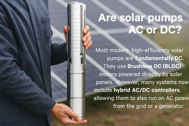 A technician holding a high-efficiency RAFSUN stainless steel submersible solar pump in front of a field of solar panels, showing the durable multistage design used in modern DC and hybrid AC/DC solar pumping systems. The image illustrates the concept behind the question “Are solar pumps AC or DC?” by highlighting how RAFSUN pumps typically use advanced Brushless DC motors with optional hybrid controllers for grid or generator backup. The person's face is not visible, keeping focus on the pump’s engineering and solar-powered water supply capabilities.