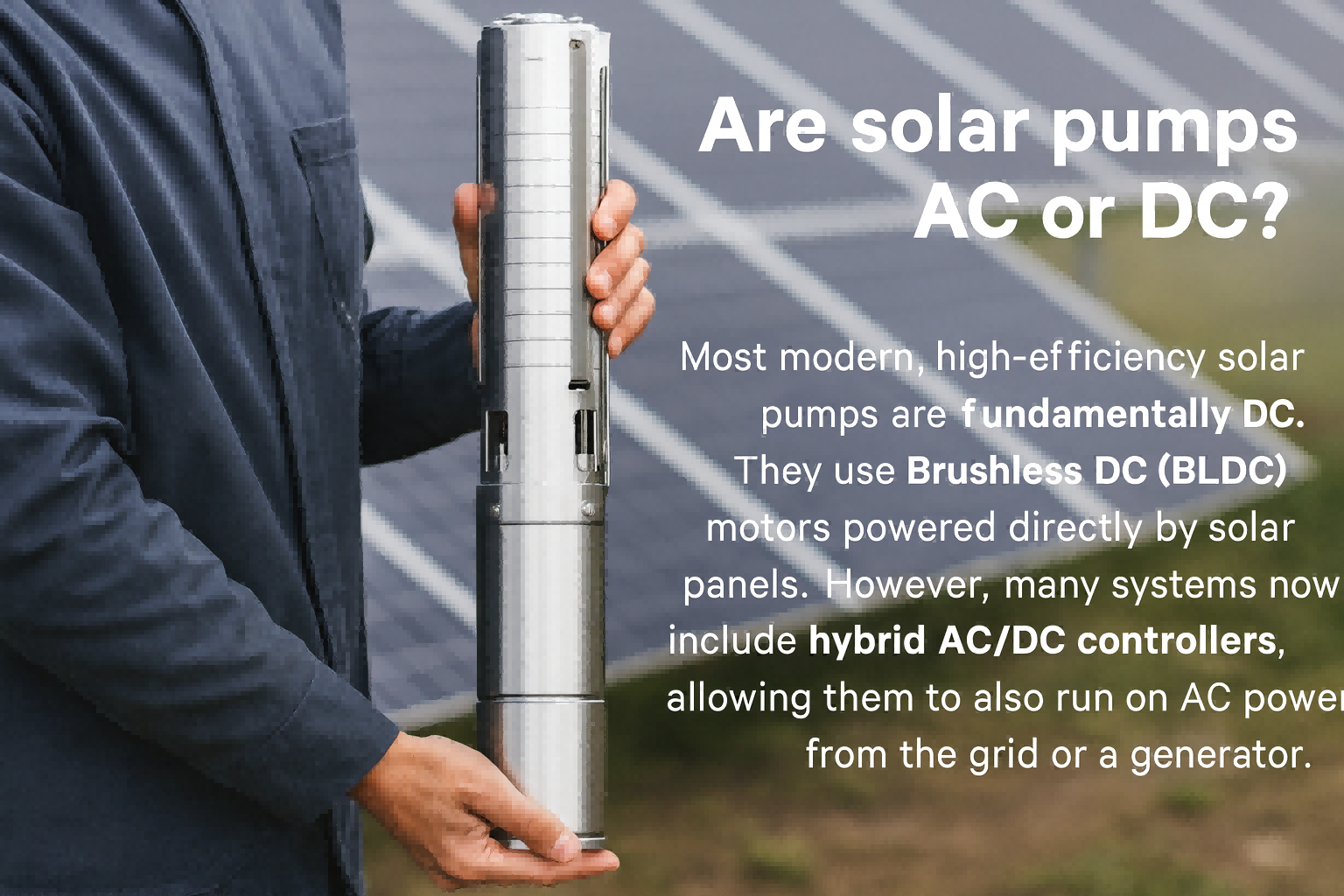 A technician holding a high-efficiency RAFSUN stainless steel submersible solar pump in front of a field of solar panels, showing the durable multistage design used in modern DC and hybrid AC/DC solar pumping systems. The image illustrates the concept behind the question “Are solar pumps AC or DC?” by highlighting how RAFSUN pumps typically use advanced Brushless DC motors with optional hybrid controllers for grid or generator backup. The person's face is not visible, keeping focus on the pump’s engineering and solar-powered water supply capabilities.