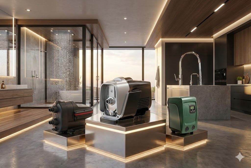 Top 3 VFD Booster Pumps A collection of the top 3 VFD booster pumps on a clean background