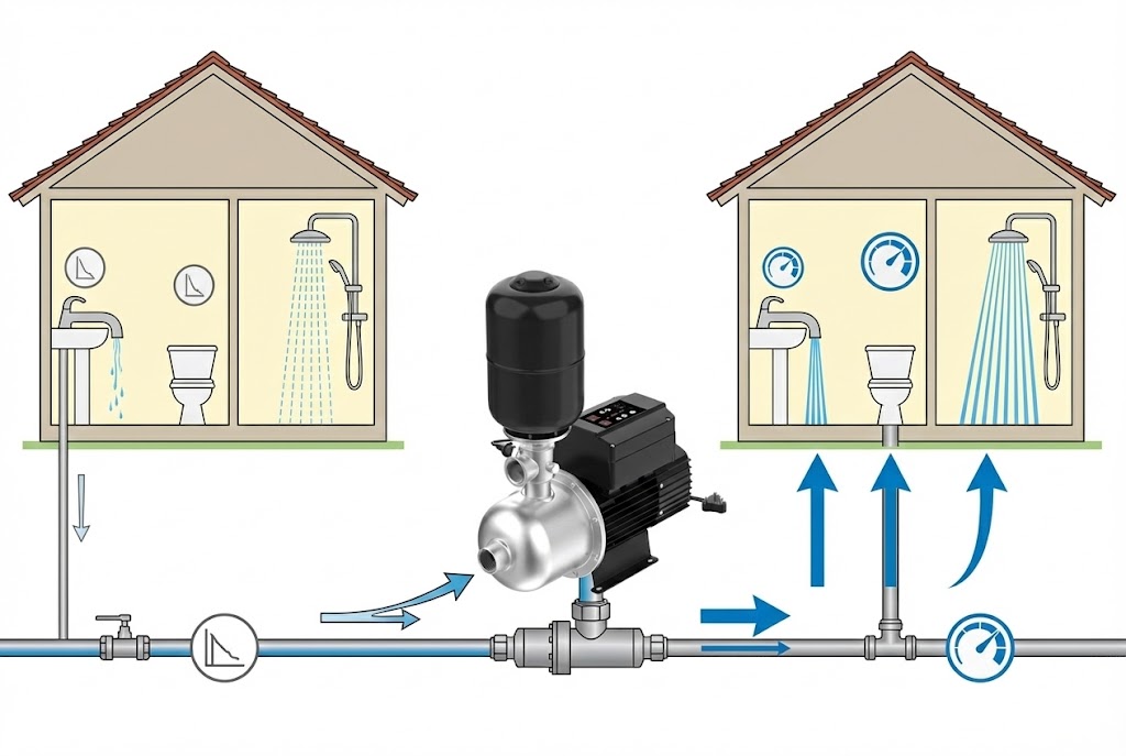 A modern booster pump system installed neatly in a utility room