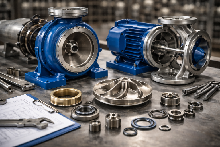A high-resolution workshop scene showing a RAFSUN centrifugal pump fully disassembled on a workbench, clearly revealing key internal components such as the impeller, volute casing, shaft, bearings, mechanical seals, wear rings, and motor coupling. The image illustrates a complete breakdown of a centrifugal pump, highlighting how each component works together to ensure efficient water flow, reliable pressure generation, and long service life. This visual supports understanding pump construction, component function, and proper maintenance for optimal centrifugal pump performance.