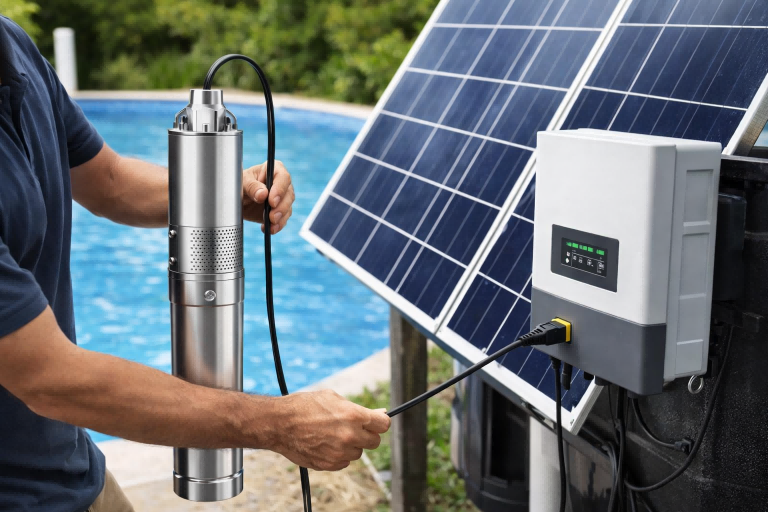 A professional installer connects a RAFSUN stainless steel pool pump to a solar power system beside a swimming pool, with solar panels supplying clean renewable energy. This image illustrates how a pool pump can run efficiently on solar power, reducing electricity costs while maintaining clean, clear pool water. The setup demonstrates a modern solar pool pump solution designed for energy savings, sustainability, and reliable daily operation.