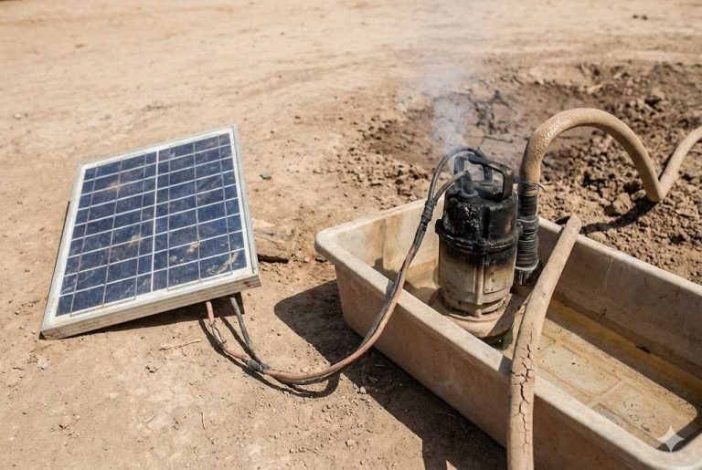 A damaged water pump connected directly to a small solar panel in a dry outdoor environment, showing overheating and smoke due to improper wiring and lack of a controller. This image illustrates the risks of running a pump directly from a solar panel without a proper RAFSUN solar pump controller, highlighting issues such as voltage fluctuation, motor failure, and unsafe operation. Ideal for explaining the topic: “Can I run a pump directly from a solar panel?”