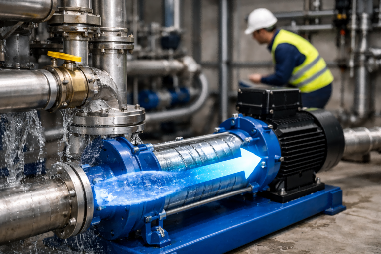 A centrifugal pump installation is shown after shutdown, with an engineer inspecting the piping system as water drains backward due to discharge pressure exceeding suction pressure. The image illustrates how water can flow backwards through a centrifugal pump when it stops, highlighting risks such as reverse flow, water hammer, vibration, and component damage. This scenario demonstrates the importance of using a check valve to prevent backflow in centrifugal pump systems, featuring reliable RAFSUN pump solutions designed for safe, efficient, and long-term operation.
