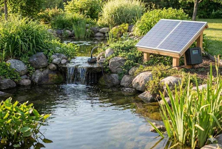 This image shows a beautifully landscaped garden pond powered entirely by a RAFSUN solar pond pump system. A dual-panel solar array is mounted on a wooden stand beside the pond, providing clean energy to the pump, which circulates water over a small rock waterfall. The flowing water enhances aeration and keeps the pond ecosystem healthy, surrounded by lush greenery, smooth stones, and reflective water. The scene clearly demonstrates how RAFSUN solar technology can run a pond pump efficiently without grid electricity, making it an eco-friendly, cost-effective solution for backyard ponds and water features. This visual directly answers the question “Can you run a pond pump on solar?” with a real working setup powered solely by sunlight.