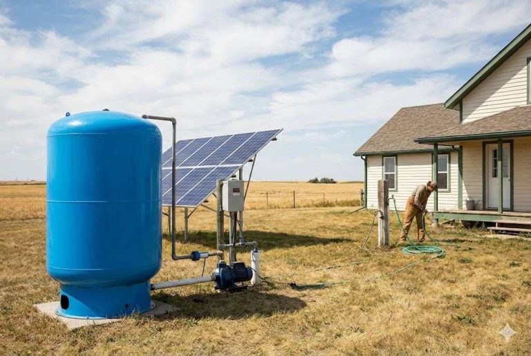 A rural home uses a solar-powered well pump system connected to a large blue pressure tank. Solar panels are mounted nearby on a metal frame, supplying power to the pump and control box. The pressure tank is installed on a concrete base, helping stabilize water pressure for household use. A man waters the yard using a garden hose supplied by the system. This setup demonstrates how a pressure tank can be successfully paired with a solar well pump to improve flow consistency and reduce pump cycling, similar to configurations using RAFSUN solar pump systems. Keyword: Can you use a pressure tank with a solar well pump?